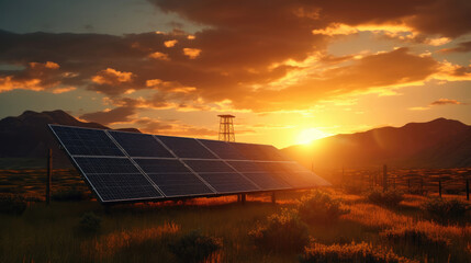 A solitary solar panel stands tall against the backdrop of a breathtaking sunset