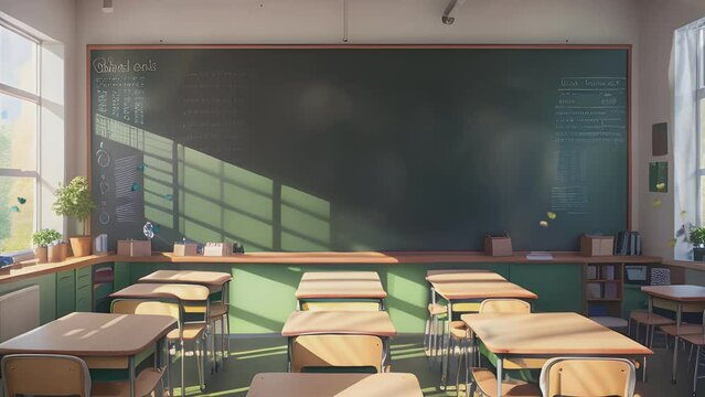 Empty classroom with big chalkboard. Online or hybrid learning background. personal development design. Cartoon or anime illustration style. seamless looping 4K time-lapse virtual video animation.