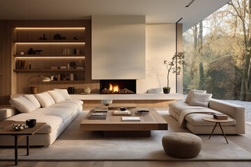 Elegant Minimalism, contemporary Living room Interior design, white sofa and fireplace, cozy house, Generative AI