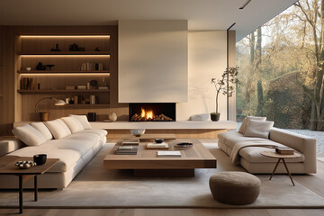 Fototapeta premium Elegant Minimalism, contemporary Living room Interior design, white sofa and fireplace, cozy house, Generative AI