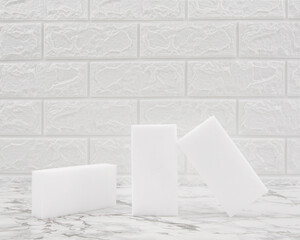 Melamine white sponges. Cleaning concept and household product.
