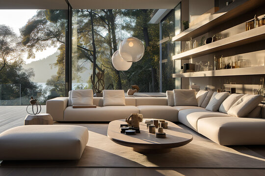Stylish living room interior with white sofa mock up, modern interior background, Generative AI