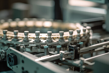 Obraz na płótnie Canvas Captivating macro view reveals the mesmerizing harmony of a labeling machine's intricate mechanics adorning products on a conveyor belt.