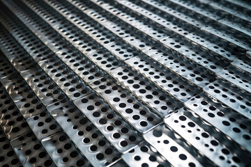 An intricately arranged geometric pattern of heat exchanger plates, showcasing the remarkable precision and efficiency achieved through contemporary industrial engineering.