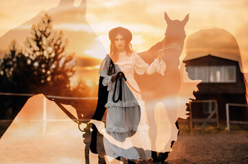 Woman silhouette with her horse at sunset ranch. Multiple exposure image.