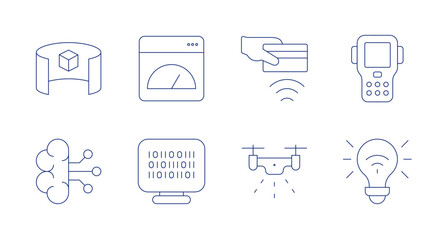 Technology icons. editable stroke. Containing 3d viewer, artificial intelligence, contactless, drone, pda, smart energy, app, binary code.