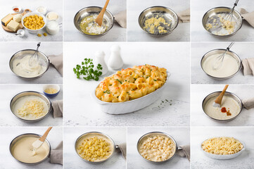 Cooking Mac and cheese, American pasta in cheese sauce, collage, step by step, do it yourself, ingredients, cooking steps, final dish on a light gray background
