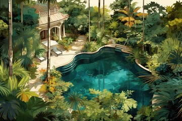 A Luxurious Swimming Pool Illustration Depicting a Tranquil Oasis of Crystal Clear Waters, Elegant Design, and Relaxation.