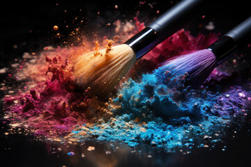 Fototapeta premium Makeup brushes with loose powder, blush and eye shadow. colorful dust and splash on black background.