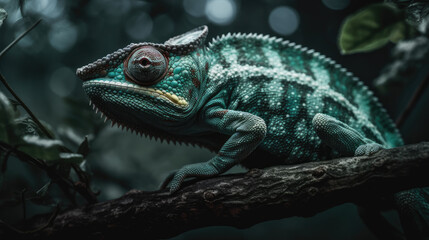 Green chameleon on a tree.