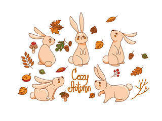 Cute bunny in the autumn forest. Set of stickers. Vector.