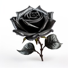 A beautiful shiny black rose. Isolated on white background. Generative AI.