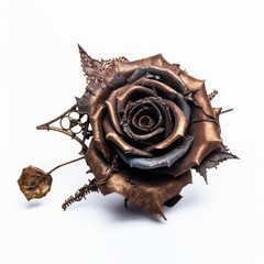 A beautiful copper metal rose. Steampunk style. Isolated on white background. Generative AI.
