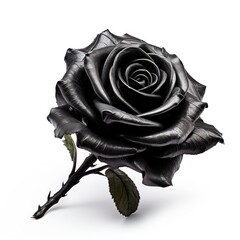 A beautiful shiny black rose. Isolated on white background. Generative AI.
