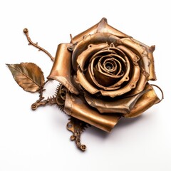 A beautiful copper metal rose. Steampunk style. Isolated on white background. Generative AI.