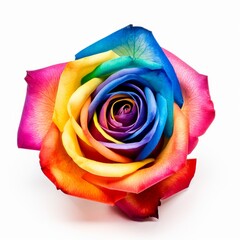 A beautiful multicolored rose. Rainbow. Isolated on white background. Generative AI.