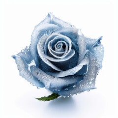 A frozen blue rose covered in hoarfrost. Isolated on white background. Generative AI.