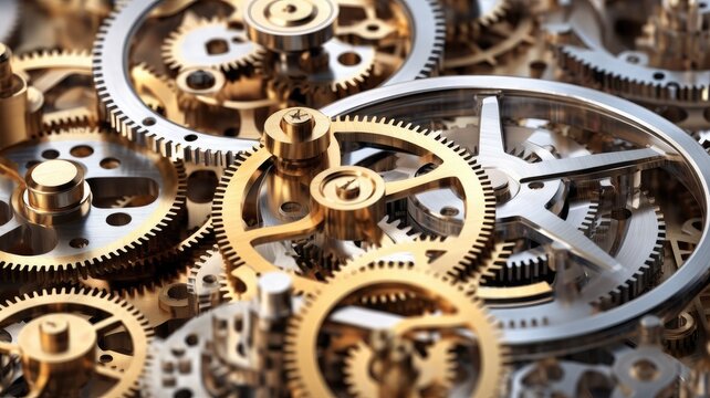 Different gears of a mechanical clock meshing perfectly to keep time, illustrating how various components synchronize to create a functional whole