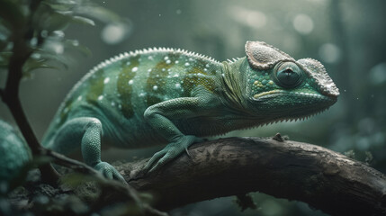 Green chameleon on a tree.