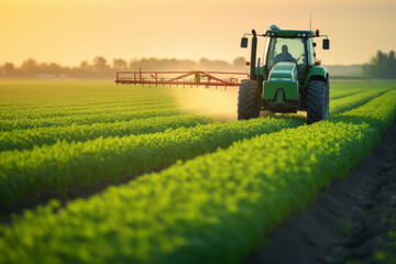 A tractor spraying pesticide fertilizer on a beautiful soybean farm in the spring sunset. Agriculture concept suitable for industry and production.
