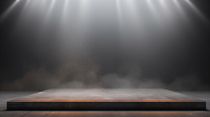 empty black podium with spotlight and smoke