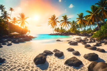 Fototapeta na wymiar A beachfront paradise, tropical terrain, holiday resort, sun flare - AI Generative