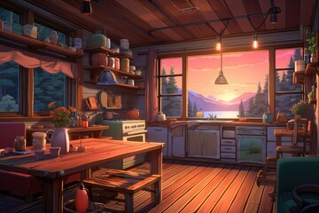 a Cozy Lofi Kitchen Illustration, Transporting You to a Comforting Culinary Haven Where Vintage Aesthetics Blend Seamlessly with Artistic Ambiance for a Homely and Creatively Inspiring Experience. 