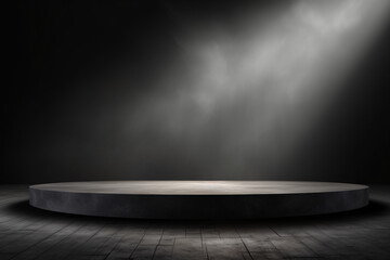 empty round black podium with spotlight and smoke