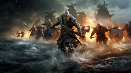 The Mad Vikings warriors are on the move, running down the beach with the Drakkar in the background.