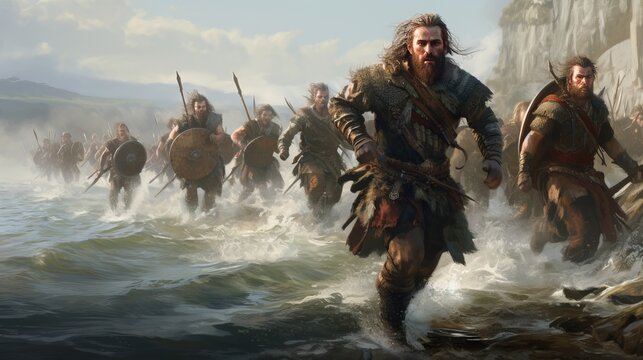 The Mad Vikings warriors are on the move, running down the beach with the Drakkar in the background.
