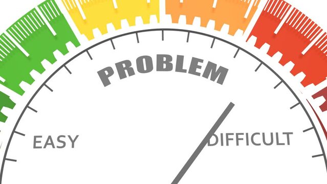 Easy and difficult problems. Concept of business, motivation, profit, ambitions. Instrument scale with arrow. Colorful infographic gauge element.
