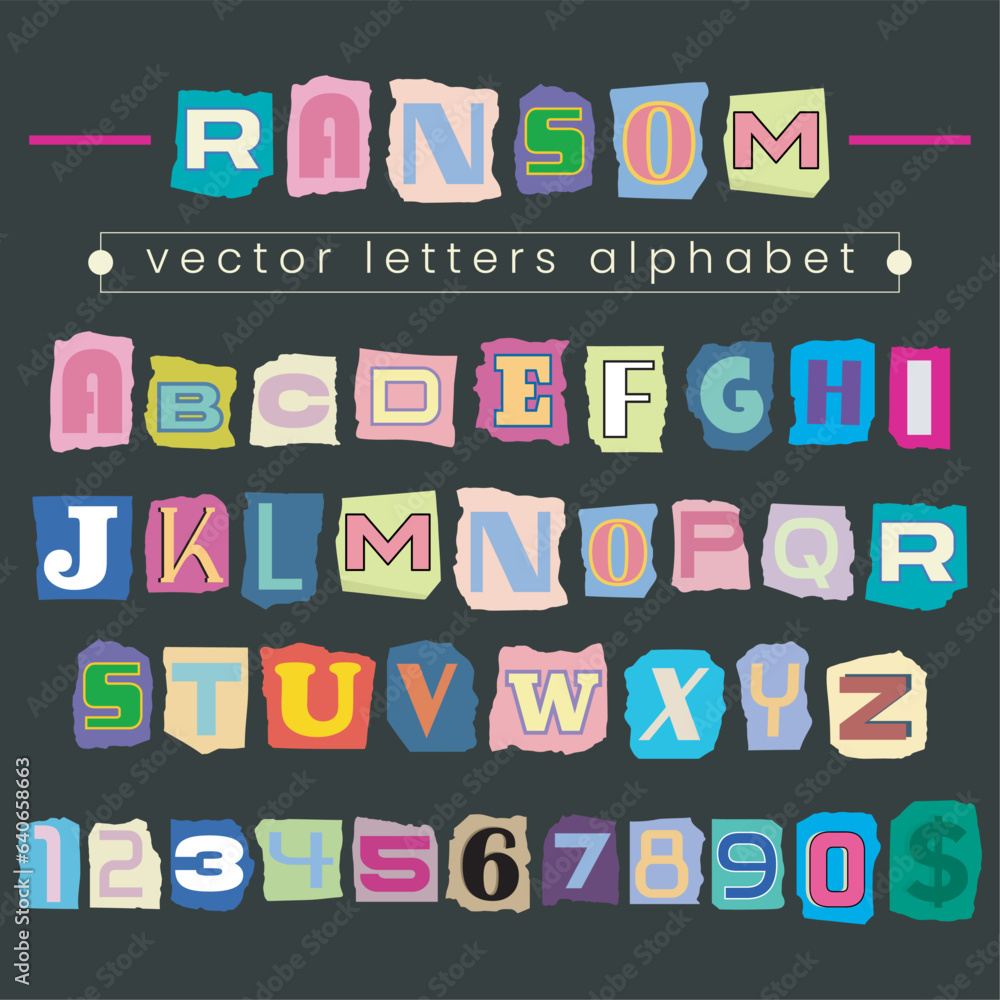 Fototapete ransom vector letters alphabet. blackmail ransom kidnapper anonymous note font y2k style. paper cut 