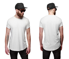 T-shirt front and back view on a man with space for your logo or design over transparent background