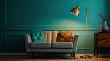 Brass floor lamp in living room. Idea for interior design. Generative Ai