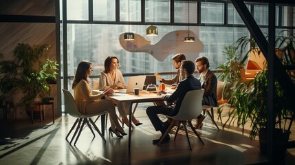 A meeting of businesspeople is taking place in an advertising agency. - obrazy, fototapety, plakaty