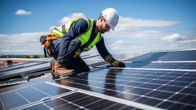 On the roof, a solar panel installation company employee is assembling a photovoltaic system.