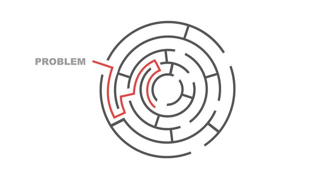 Business concept. Pathway from problem to solution across labyrinth.