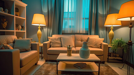 Interior of light living room with lamps. Idea for interior design. Generative Ai