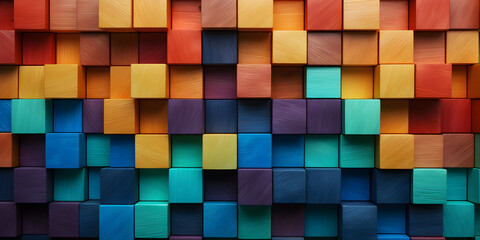 Colorful wooden blocks aligned on diagonal. Wide format.