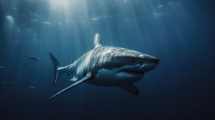 Fototapeta premium Huge white shark in blue ocean swims under water. Sharks in wild. Marine life underwater in blue ocean.