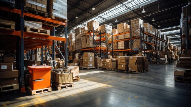 A large warehouse with numerous items. Rows of shelves with boxes. A large logistics warehouse full of boxes, parcels and merchandise.