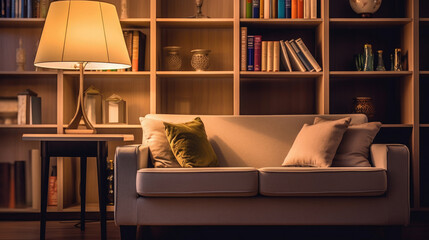 Lamp and bookshelf, living room with couch. Idea for interior design. Generative Ai