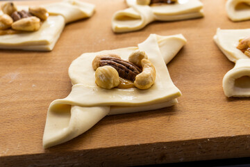 Puff pastry caramel and nuts.food concept. dessert. bakery.pecan.cashew