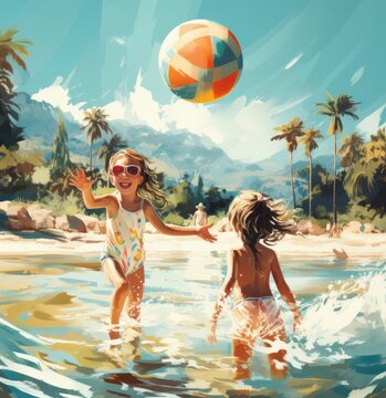 3d render, illustration of kids playing in the pool.Vacation and relaxation concept, playing with pool, balls and water