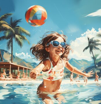 3d render, illustration of kids playing in the pool.Vacation and relaxation concept, playing with pool, balls and water