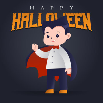 Square Halloween greeting banner with a little boy character as a cute vampire