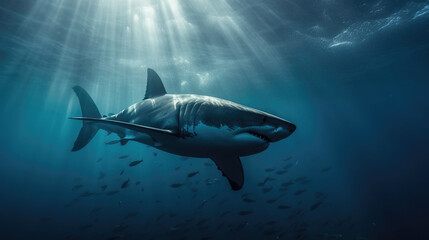 Huge white shark in blue ocean swims under water. Sharks in wild. Marine life underwater in blue ocean.