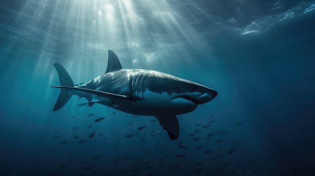 Huge white shark in blue ocean swims under water. Sharks in wild. Marine life underwater in blue ocean. - Powered by Adobe