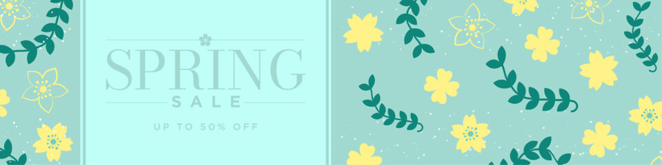 Spring Sale Banner. Spring Season design with flowers, leaves, petals on pink background. Up to 50% tag . Spring Sale Template. Editable Vector Illustration.