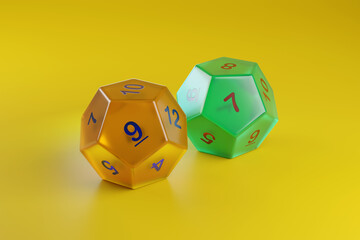 A pair of dodecahedron dice isolated on yellow background. 3d illustration.